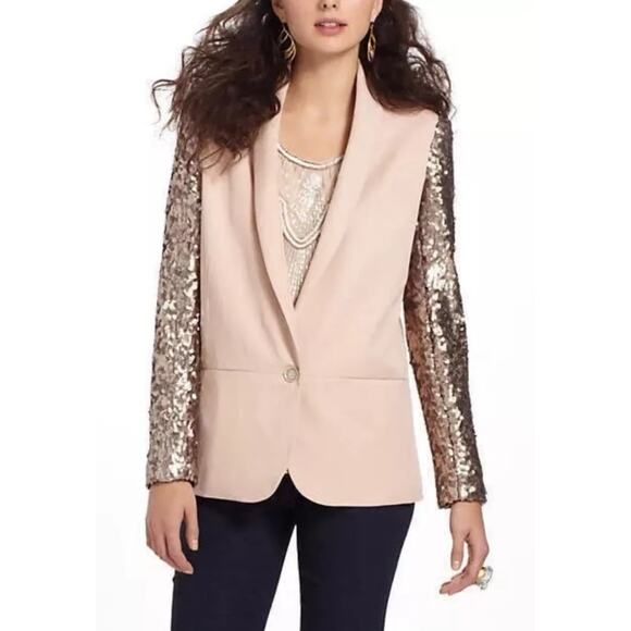 Anthropologie Jackets & Blazers - Anthropologie ELEVENSES Glitzen Party Blazer 14 Champagne Sequined Sleeves Glam
